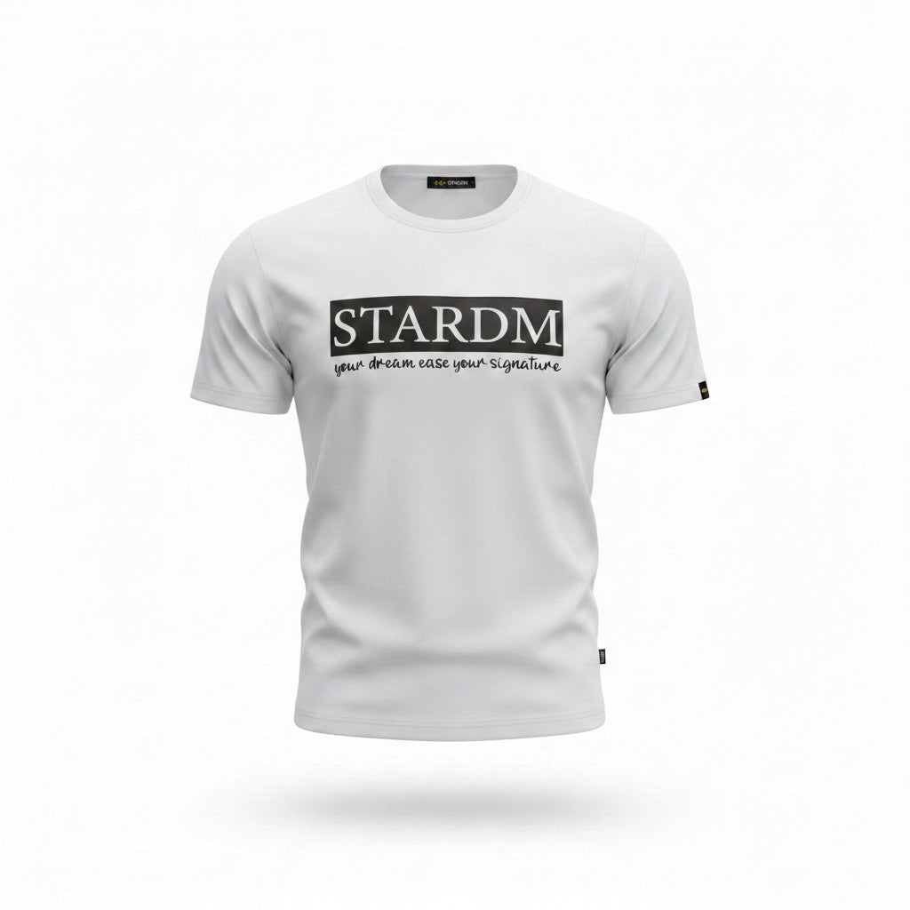 White t-shirt with 'STARDM' logo on a white background