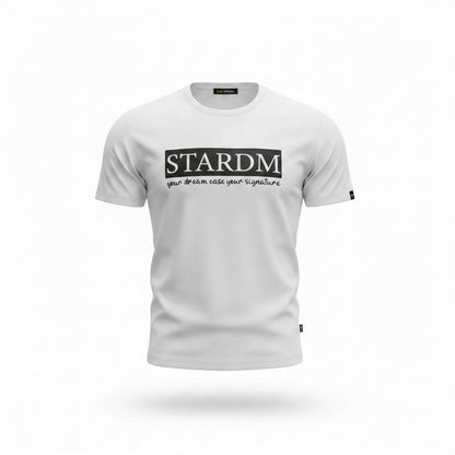 White t-shirt with 'STARDM' logo on a white background