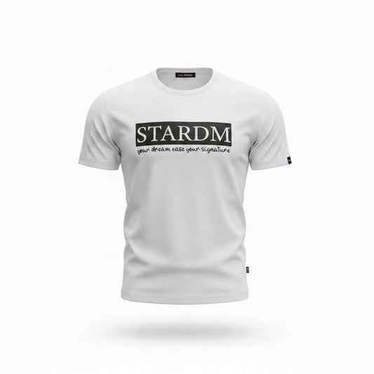 White t-shirt with 'STARDM' logo on a white background